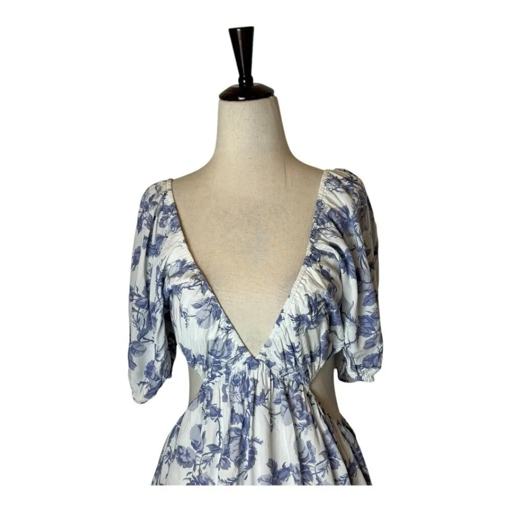 Bardot Dress Women Large Blue‎ White Floral Print Cut Out Eden Mini Cottagecore - Image 5