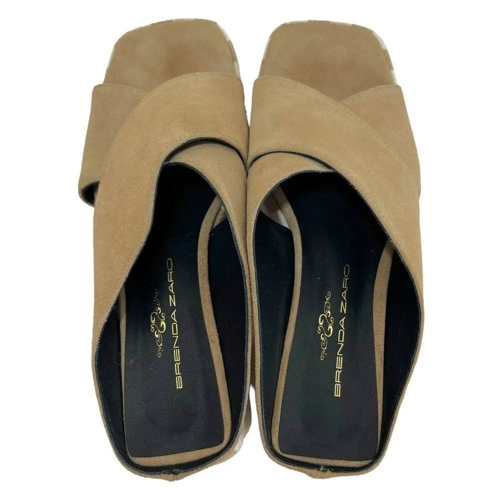 Brenda Zaro Square Toe Tan & White Striped Platform Suede Block Heel Sandals Size 8 - Image 11