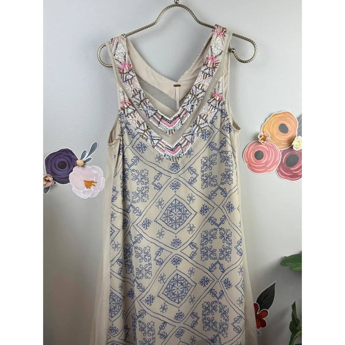 Free People Beige and Blue Ancient Mystery Beaded Shift Dress - Size - Small - Image 3