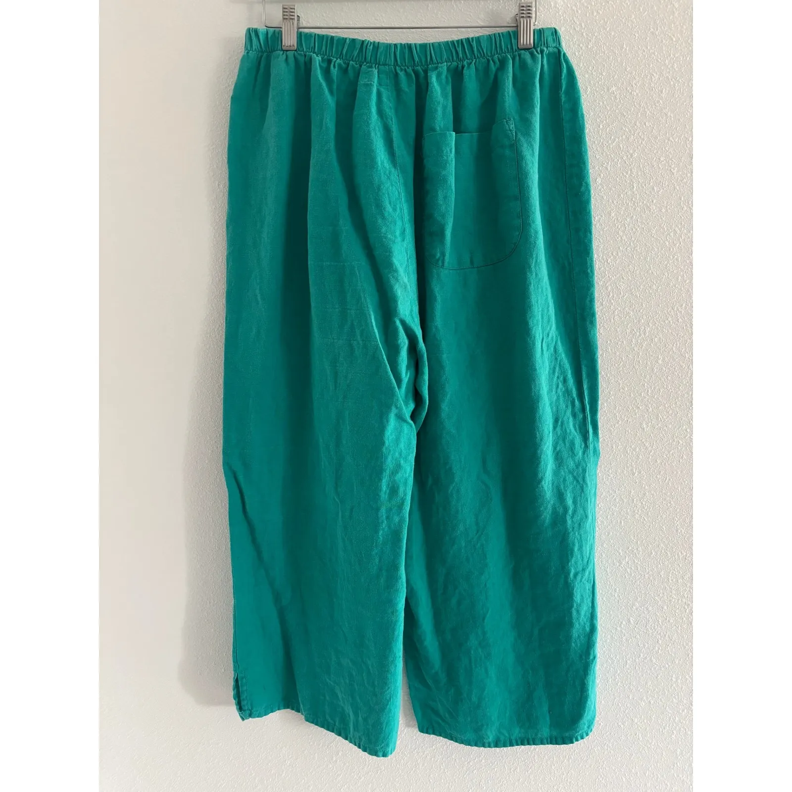 Flax Pants Womens Medium Teal Linen Wide Leg Crop Lagenlook Minimalist Flowy - Image 2