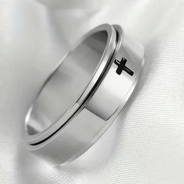 Silver Cutout Cross Anxiety Fidget Spinner Ring Black Size 6 - Image 2
