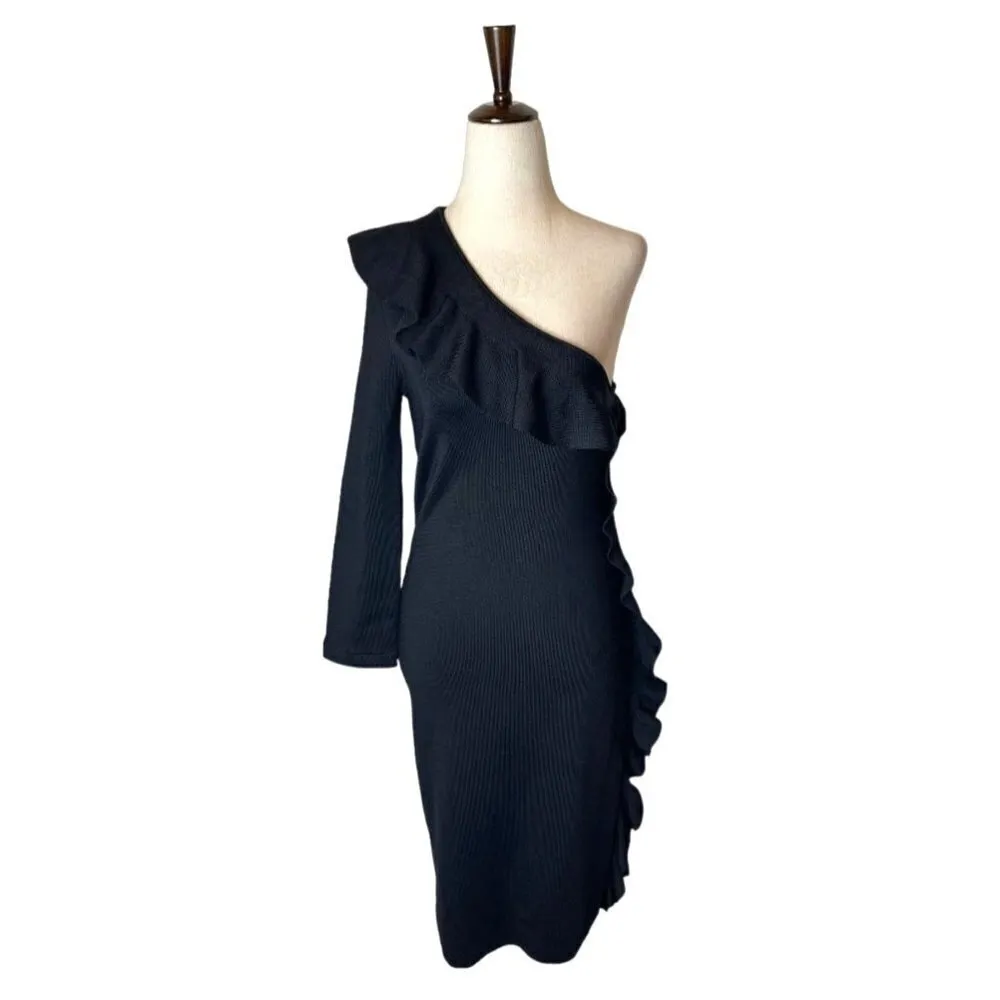Ronny Kobo Torn Black One Shoulder Knit Ruffle Mini‎ Franca Dress Size L - Image 3