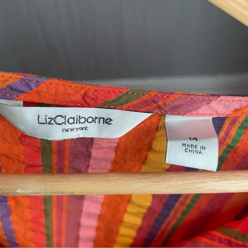 Liz Claiborne Women's Orange and Red Striped Leather Lace Up Blouse Size 14 - Image 5