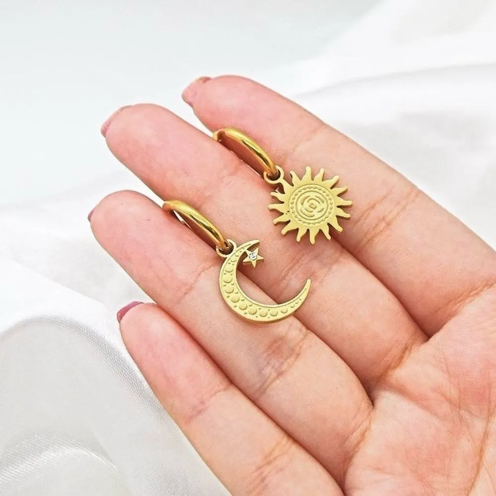 Moon and Sun Hoop Earrings Gold - Image 3