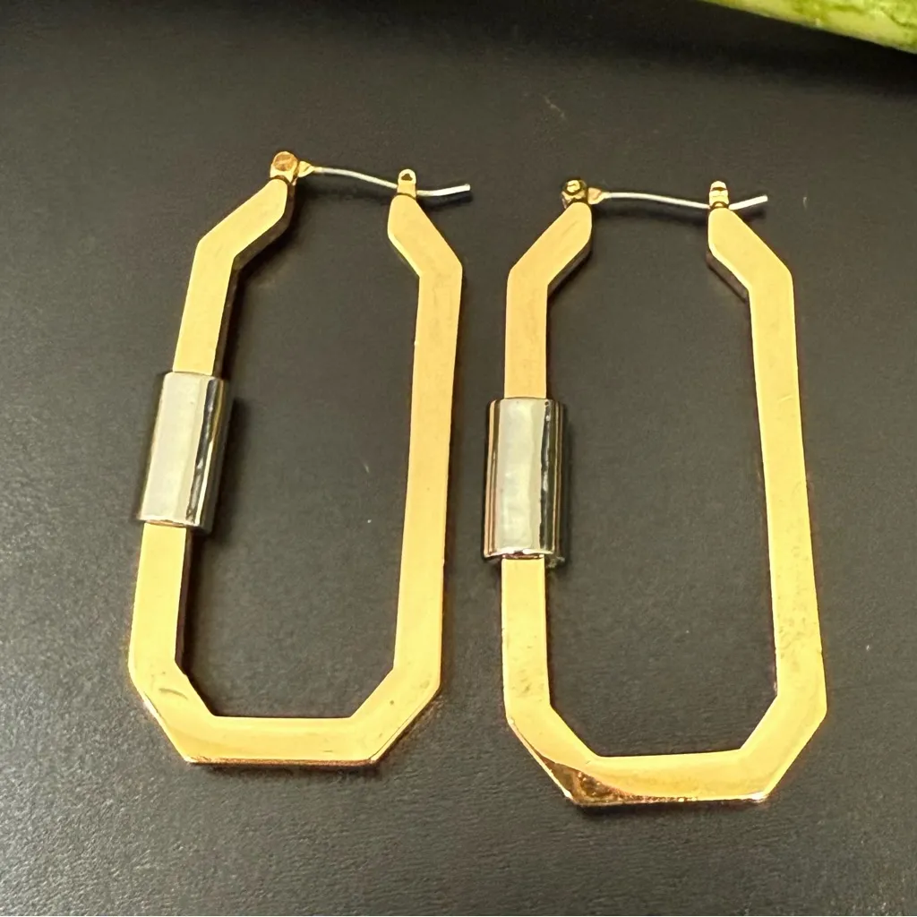 ALL SAINTS Hex Carabiner Gold & Silver-tone Hexagon Hoop Earrings 18.2g. - Image 7