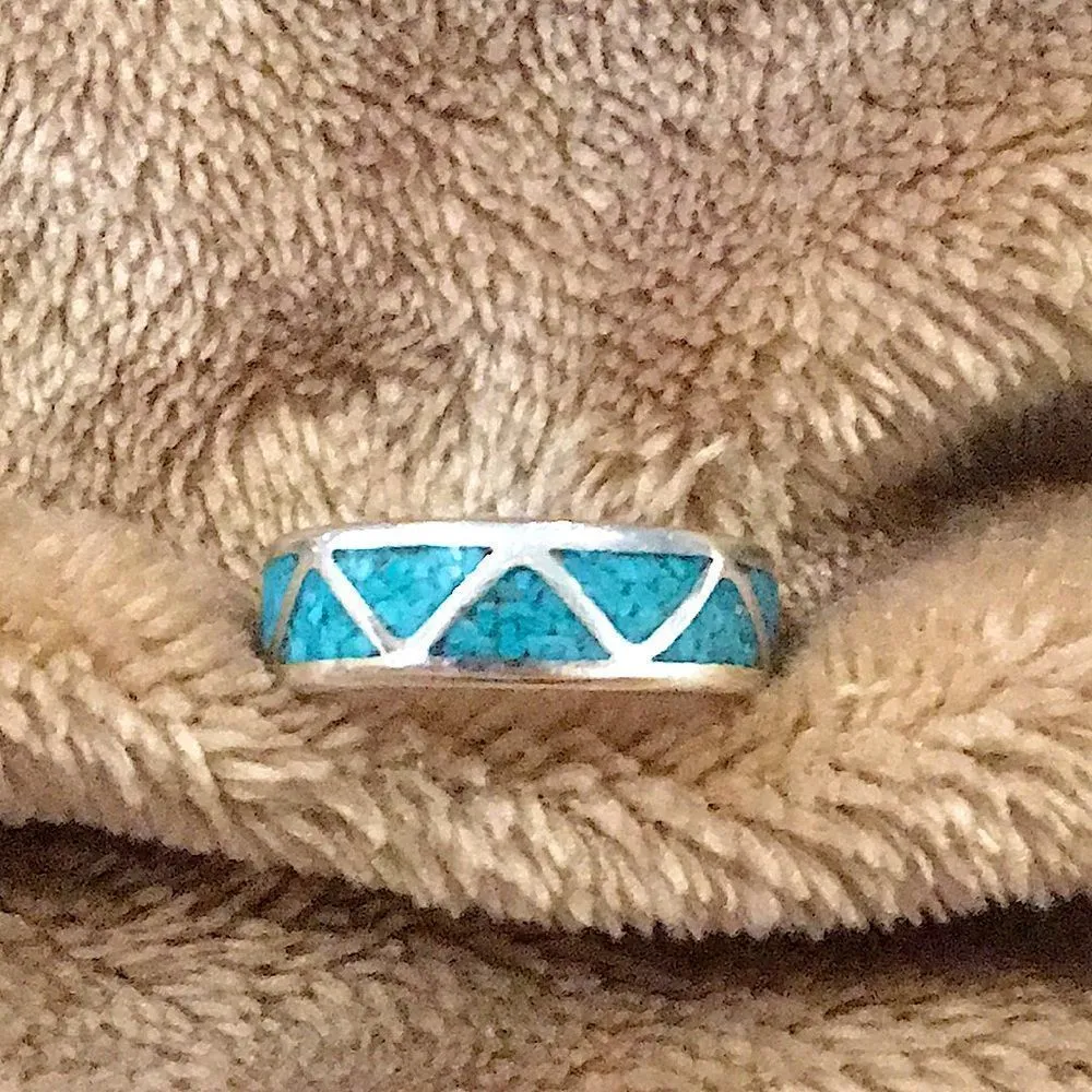 VTG Sterling Silver Southwest Crushed Turquoise Inlay Ring - Image 7