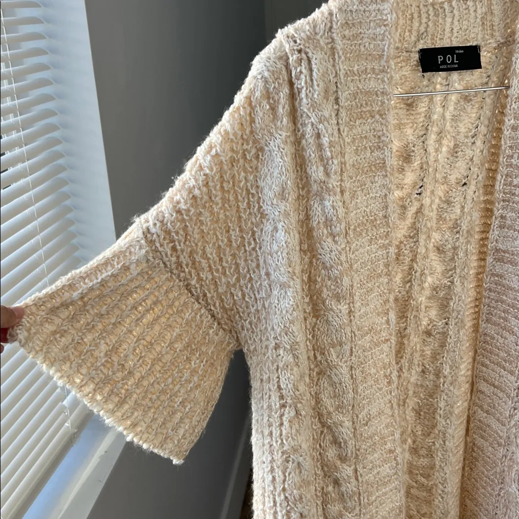 POL Chunky Short Sleeve Neutral Open Knit Cardigan in Cream Oatmeal Medium - Image 5