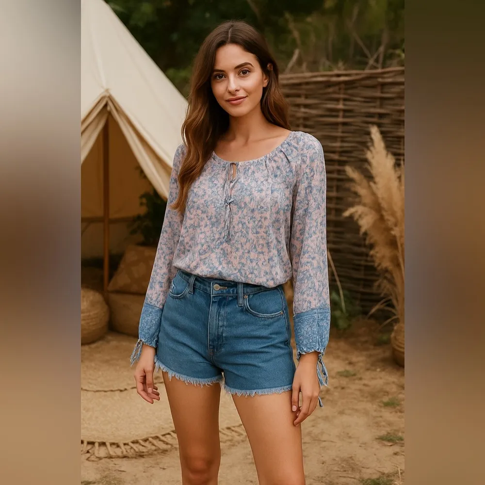 Lucky Brand Floral Peasent Boho Blouse Cropped Cottegecore Womens Y2k Retro M - Image 2