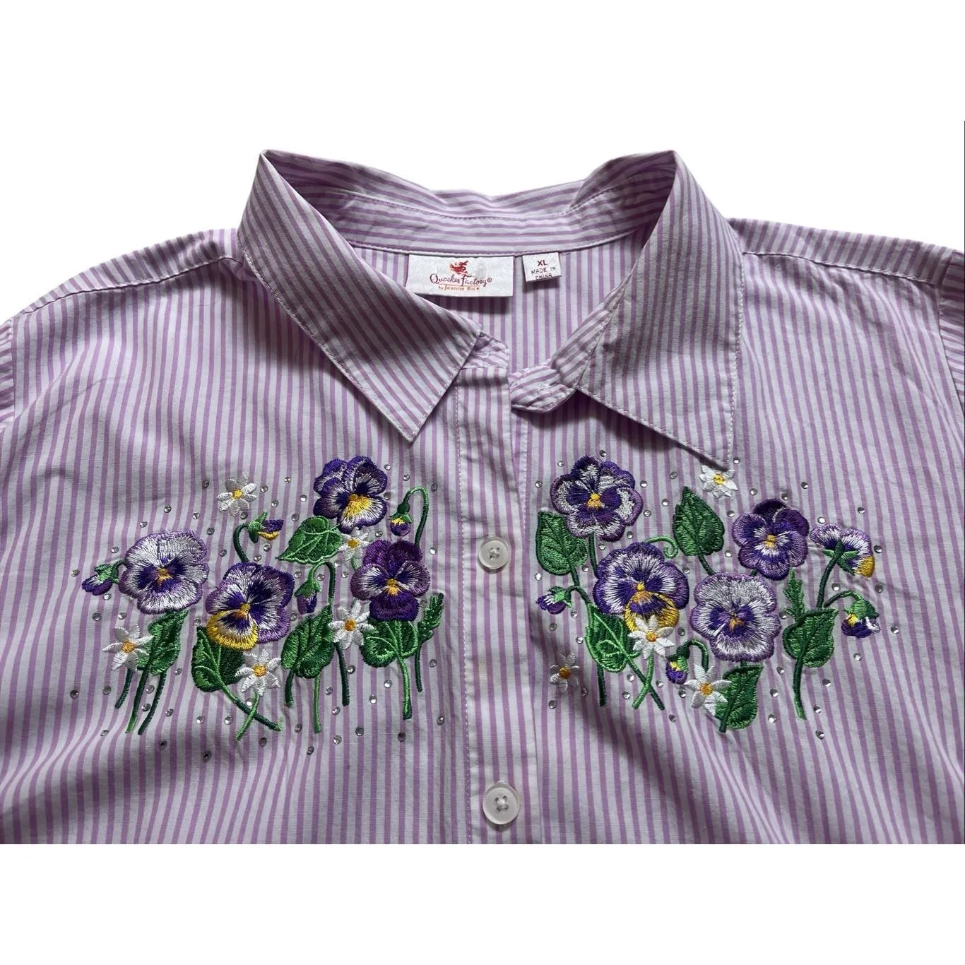 Quacker Factory purple & white stripe blouse with Pansies sz XL - Image 3