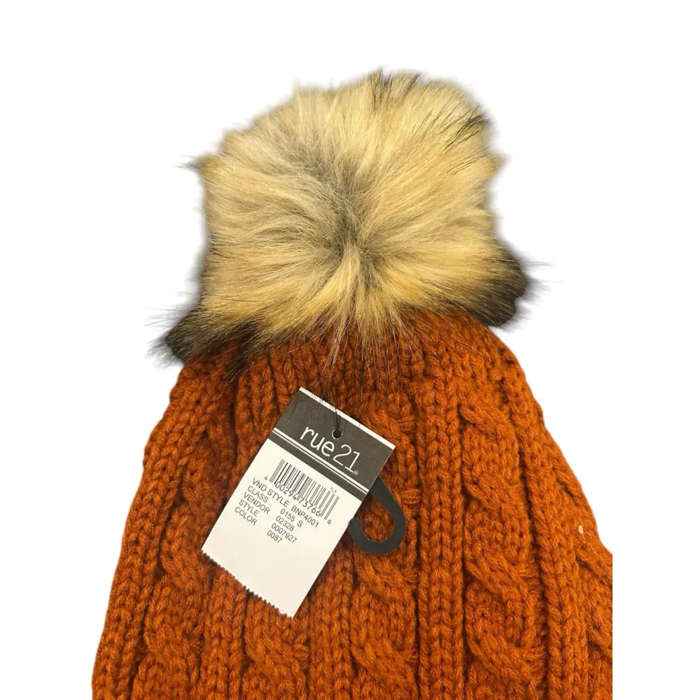 Rue 21 Beanie Hat Womens Beanie Burnt Orange Cable Knit Pom Pom Soft Warm Winter - Image 4