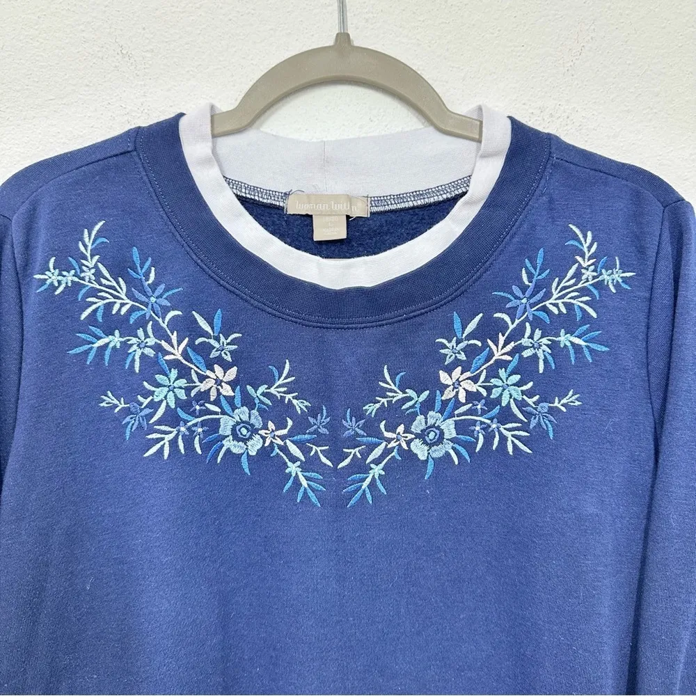 Woman Within Navy Blue Floral Embroidered Double Collar Crewneck Sweater Size 18 - Image 5