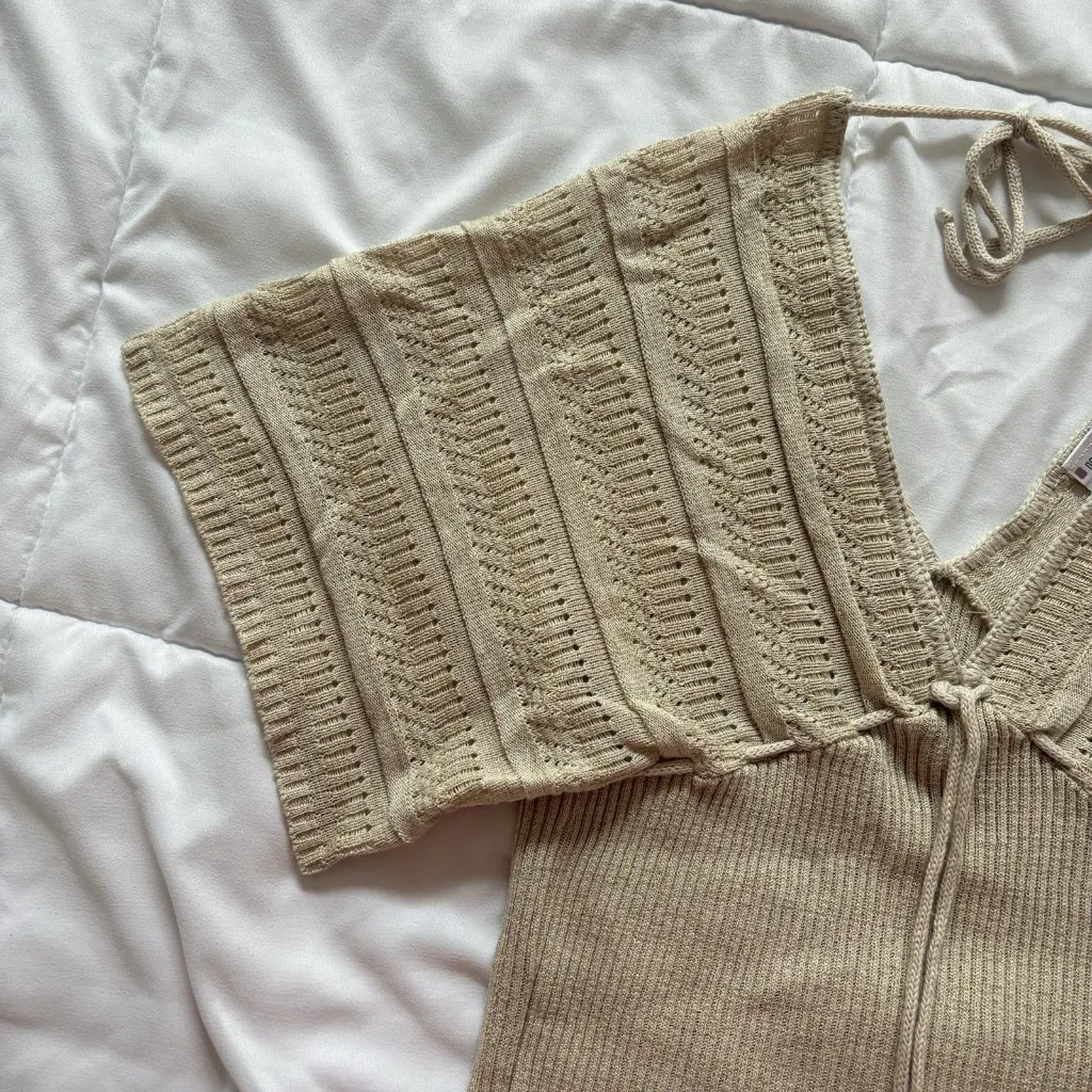 Vintage 90s Womens Medium Baby Doll Cami Y2K Boho Indie Coquette Beige V Neck - Image 2