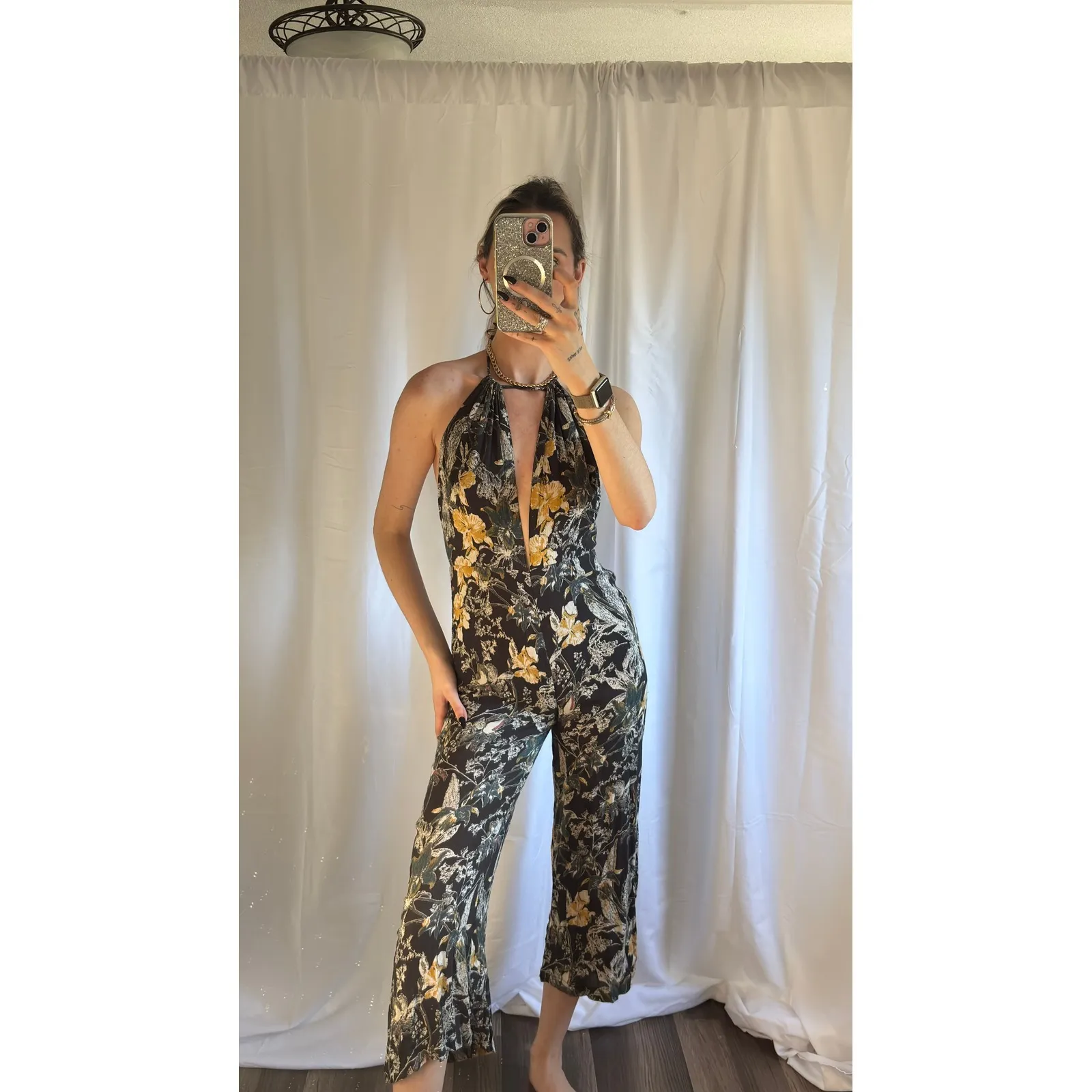 $108 Free People Floral Halter Neck Wide Leg Jumpsuit Black Yellow Size 2 - Image 3