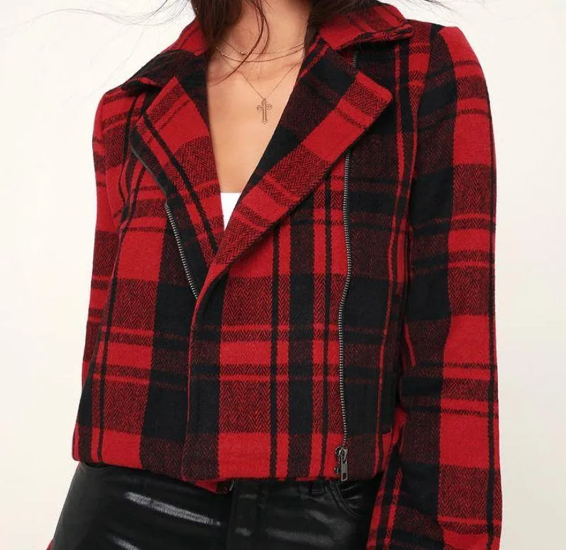 Lulus Red Plaid Moto Jacket - Image 2