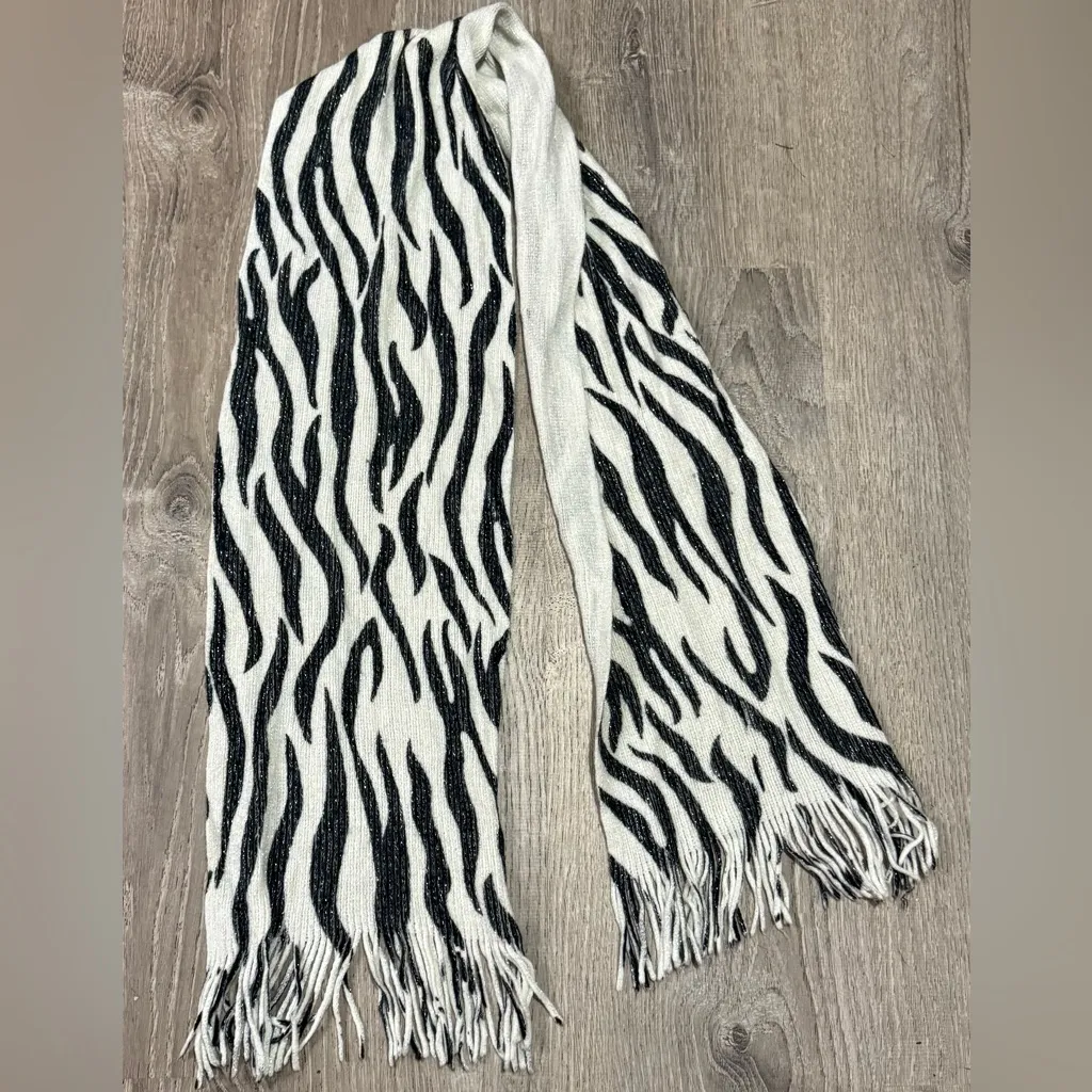 Black and White Zebra Print Tassel Scarf | Wrap - Image 2