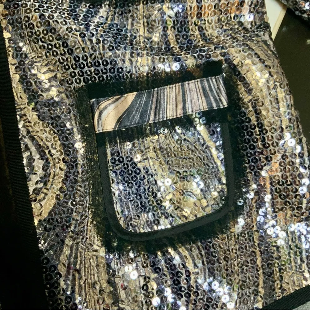 Vintage Y2K  Blazer Jacket Sequin Animal Print Silver Tweed Black Trim sz M - Image 4