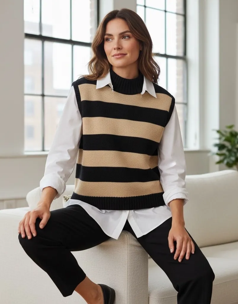 Black Tan Stripe Mock Neck Sleeveless Knit Sweater Vest Preppy Smart Women Large - Image 1