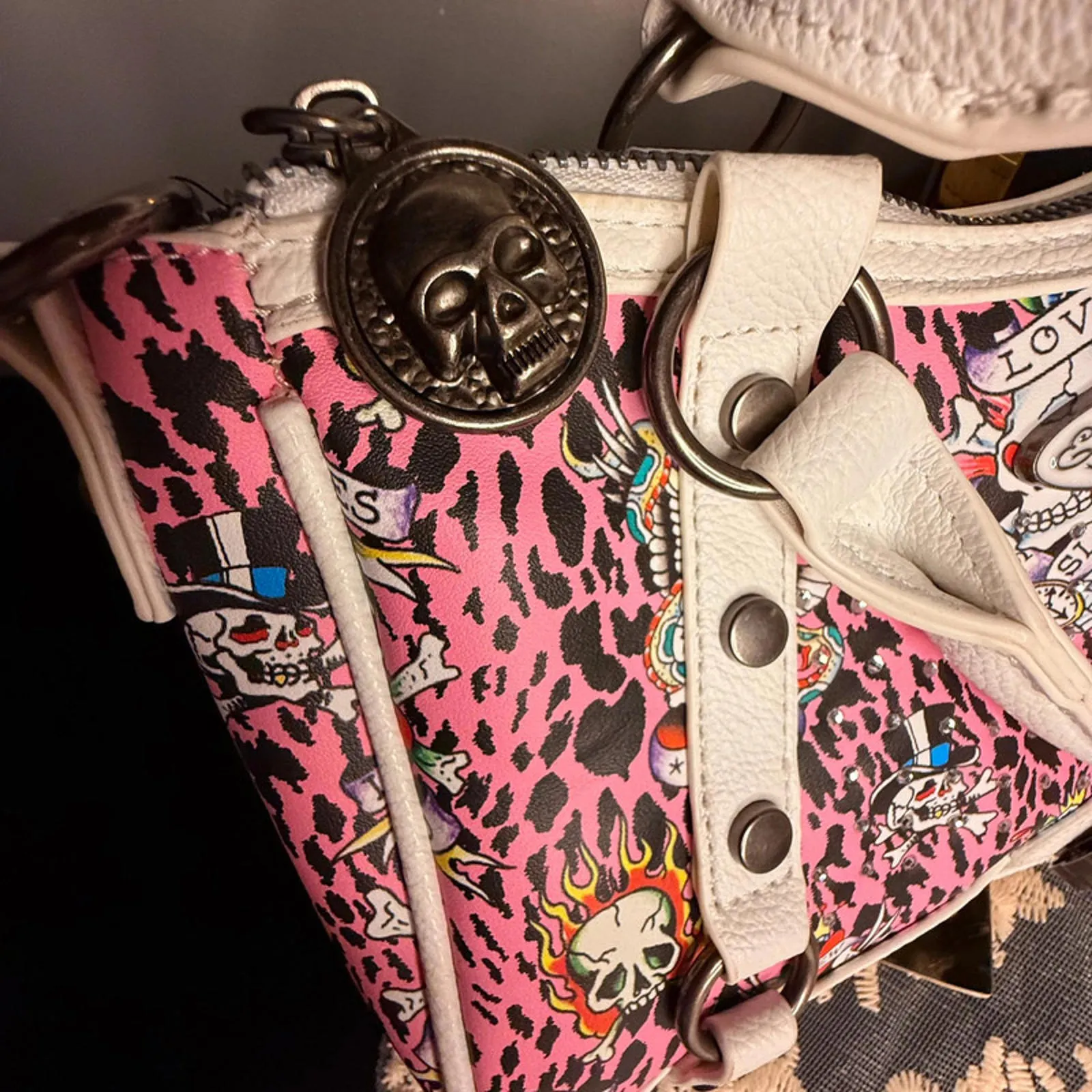Ed Hardy Pink Leopard Tattoo Skull Satchel Bag White Trim NWT - Image 3