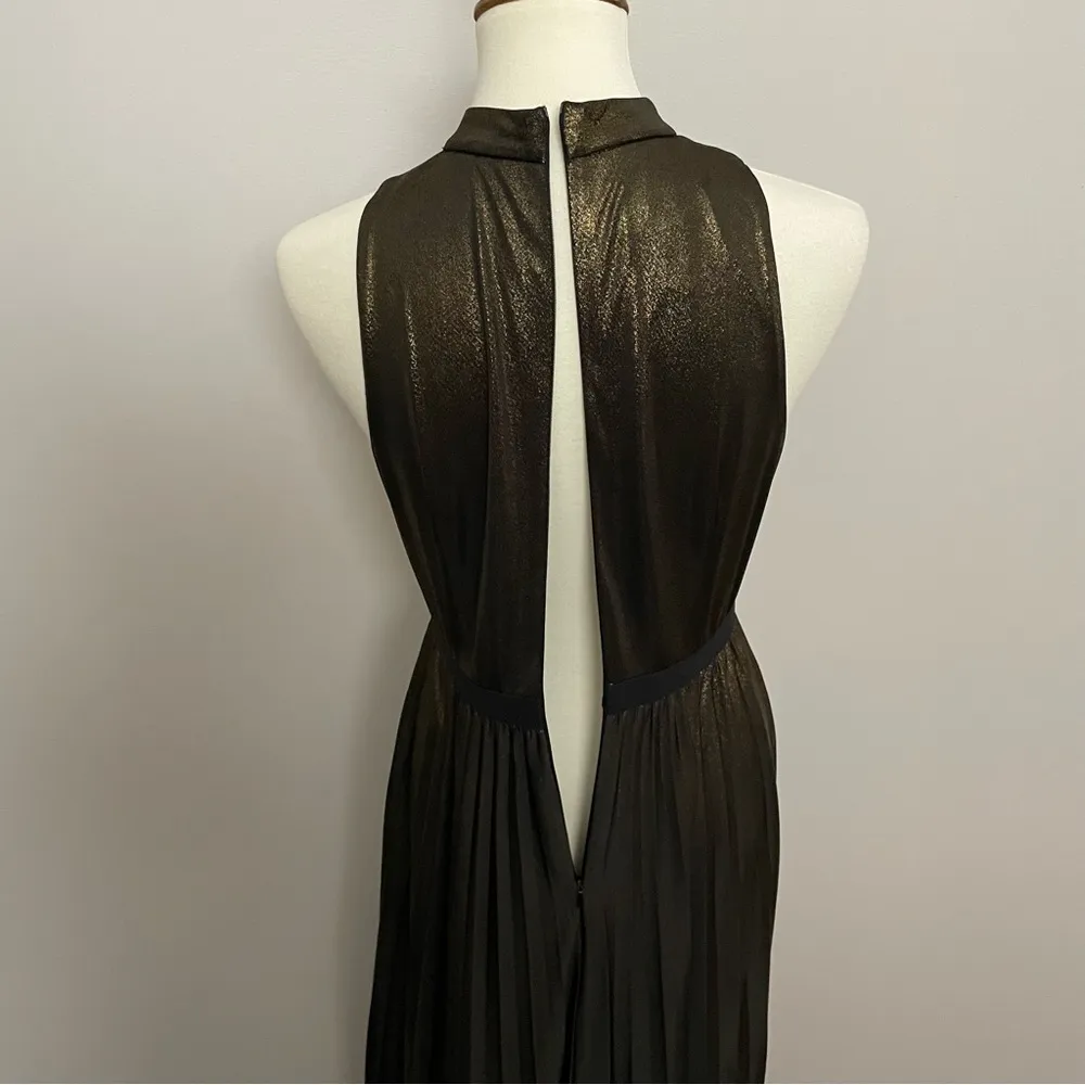 Dress Midi Maxi High Neck Pleated Lined Metallic Sparkle Gold Black - Image 8