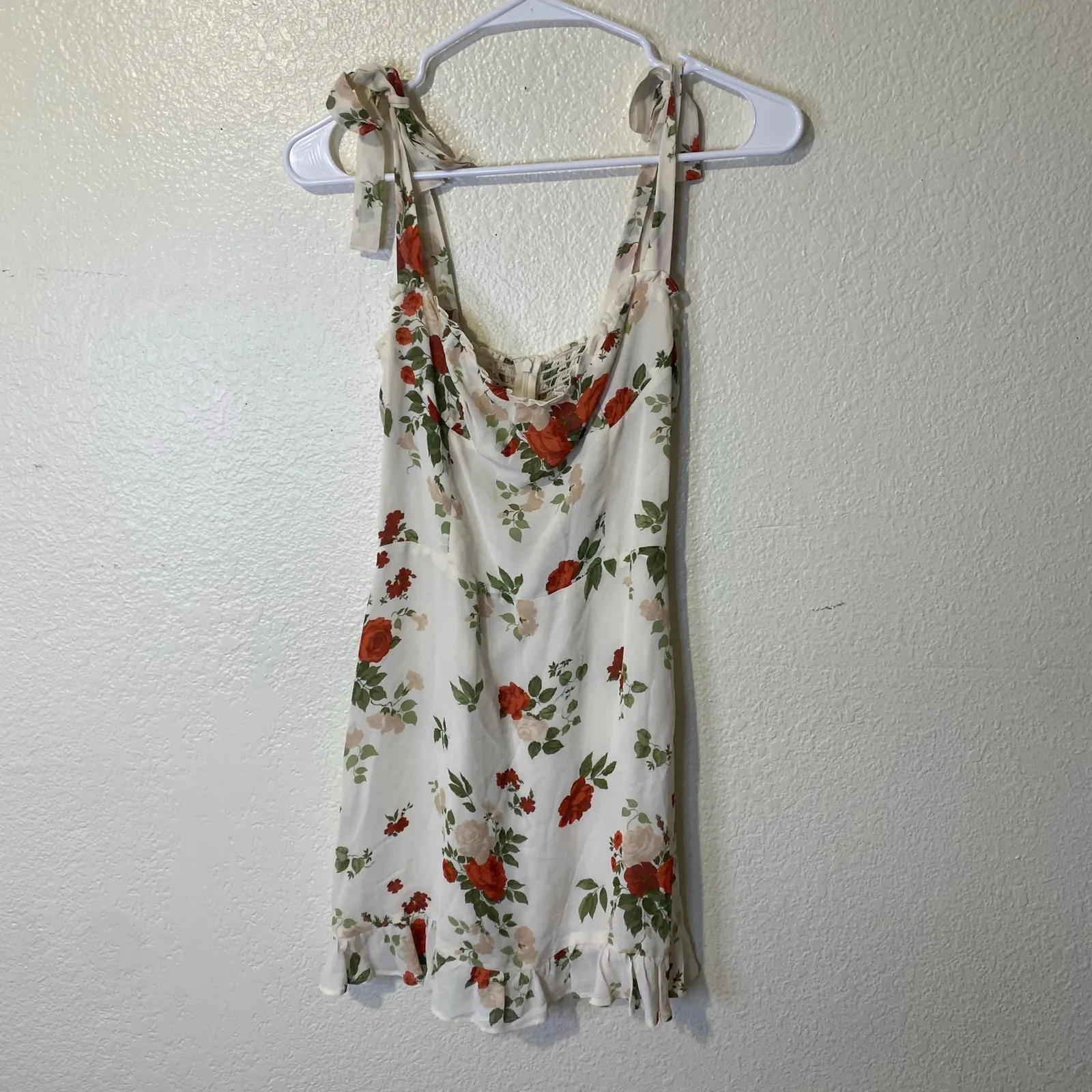 Reformation Christine Dress Floral Ruffle Tie Strap Mini Dress Size Small - Image 2
