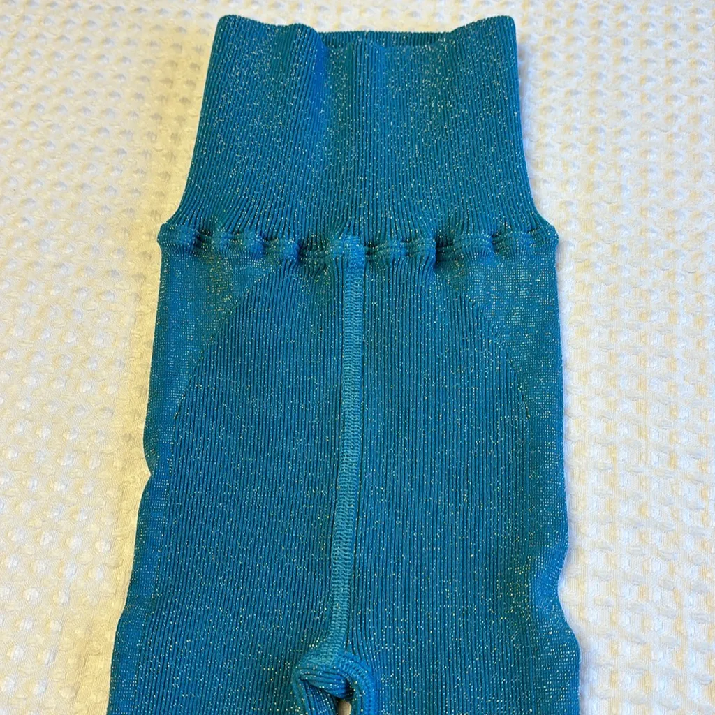 NEW! FREE PEOPLE MOVEMENT Size XS/S Happiness Runs Bike Shorts Turquoise Lurex - Image 8