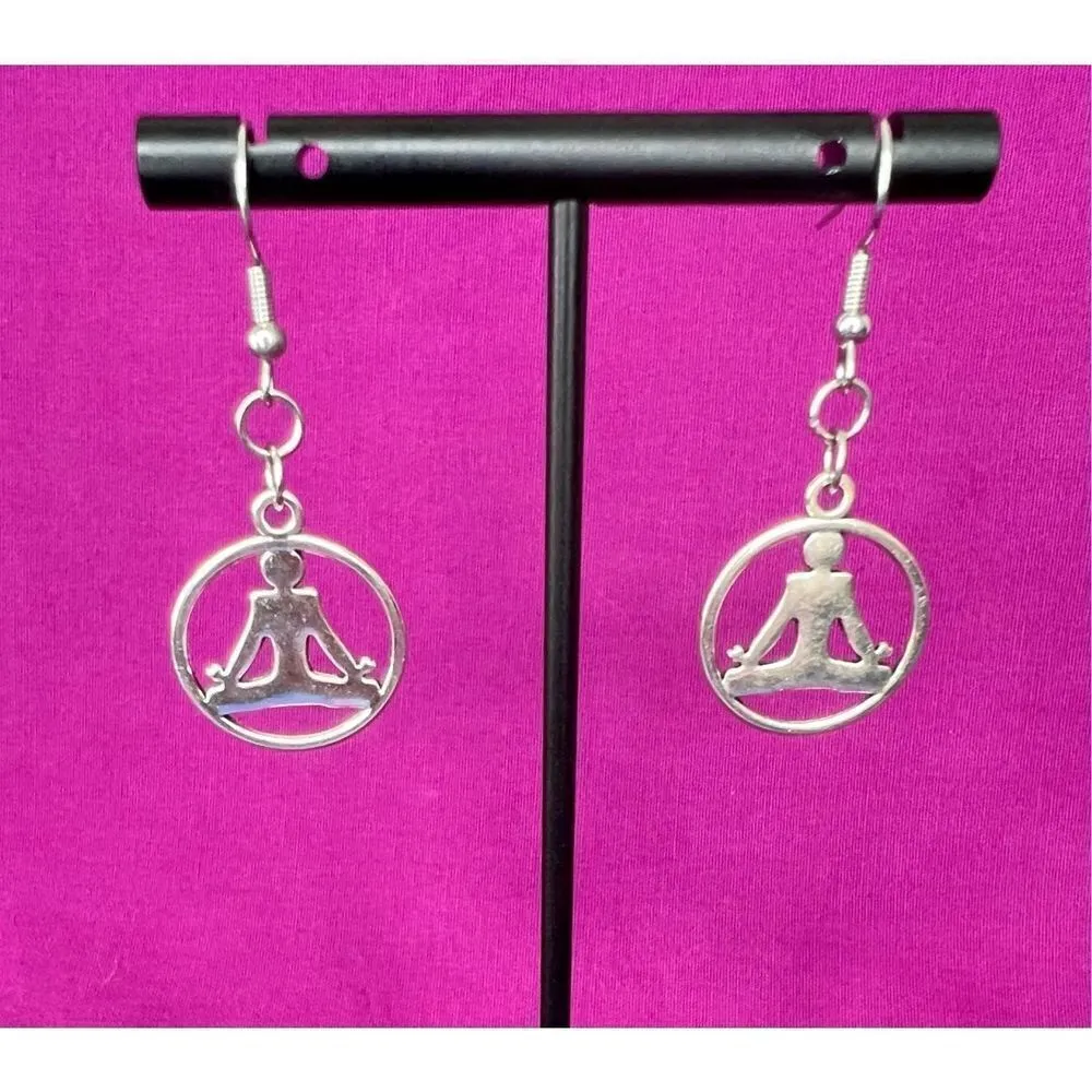 Handmade Silver Dangly Yoga Meditation Lotus Pose Earrings - Image 2