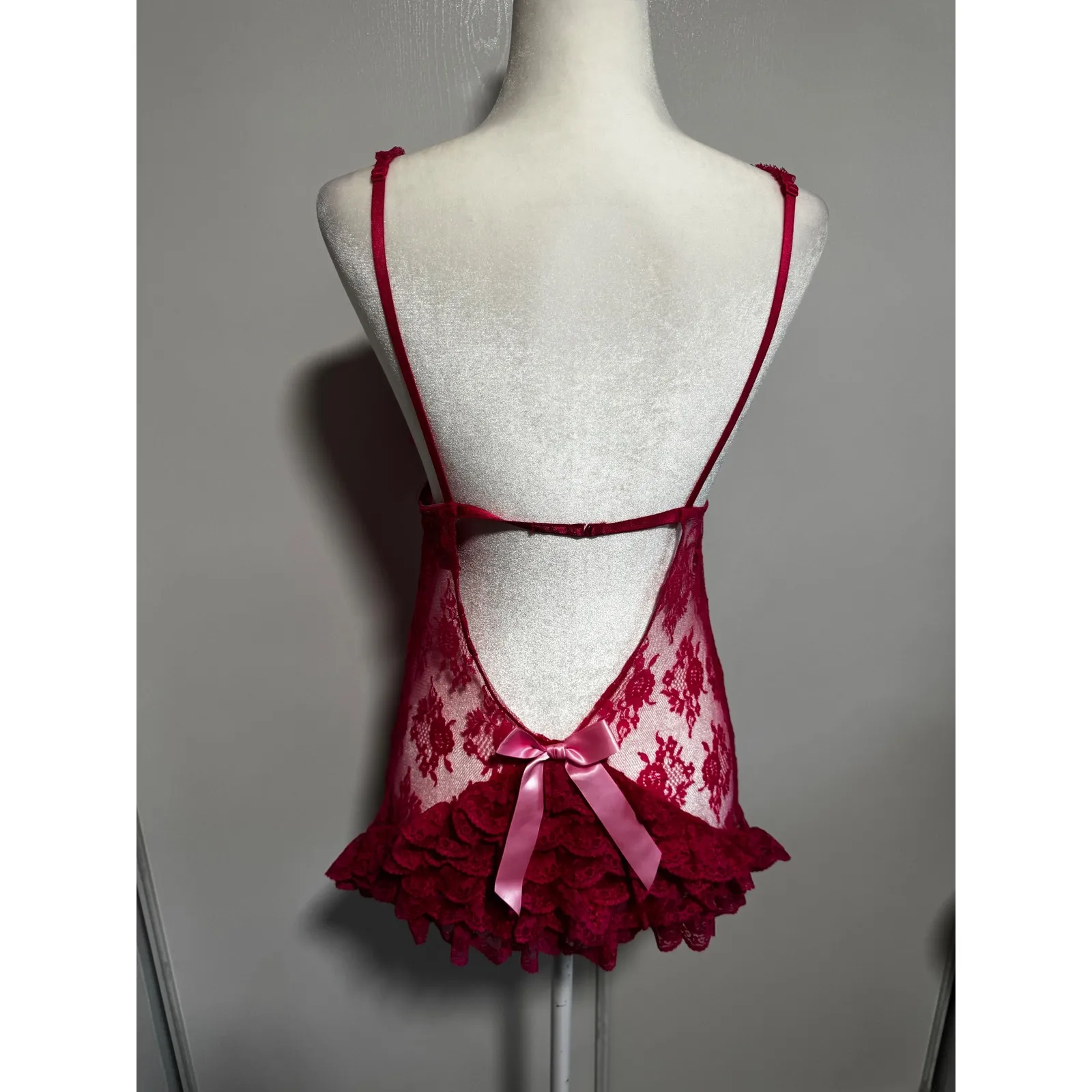 Victoria's Secret‎ Sexy Little Things Lace Babydoll Slip Pink Red Bows Small - Image 3