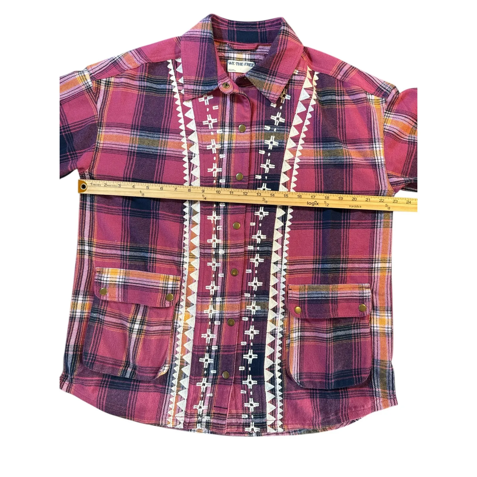 NWOT WE THE FREE Pink Plaid Embroidered Flannel Shirt Women's Size M - Image 3