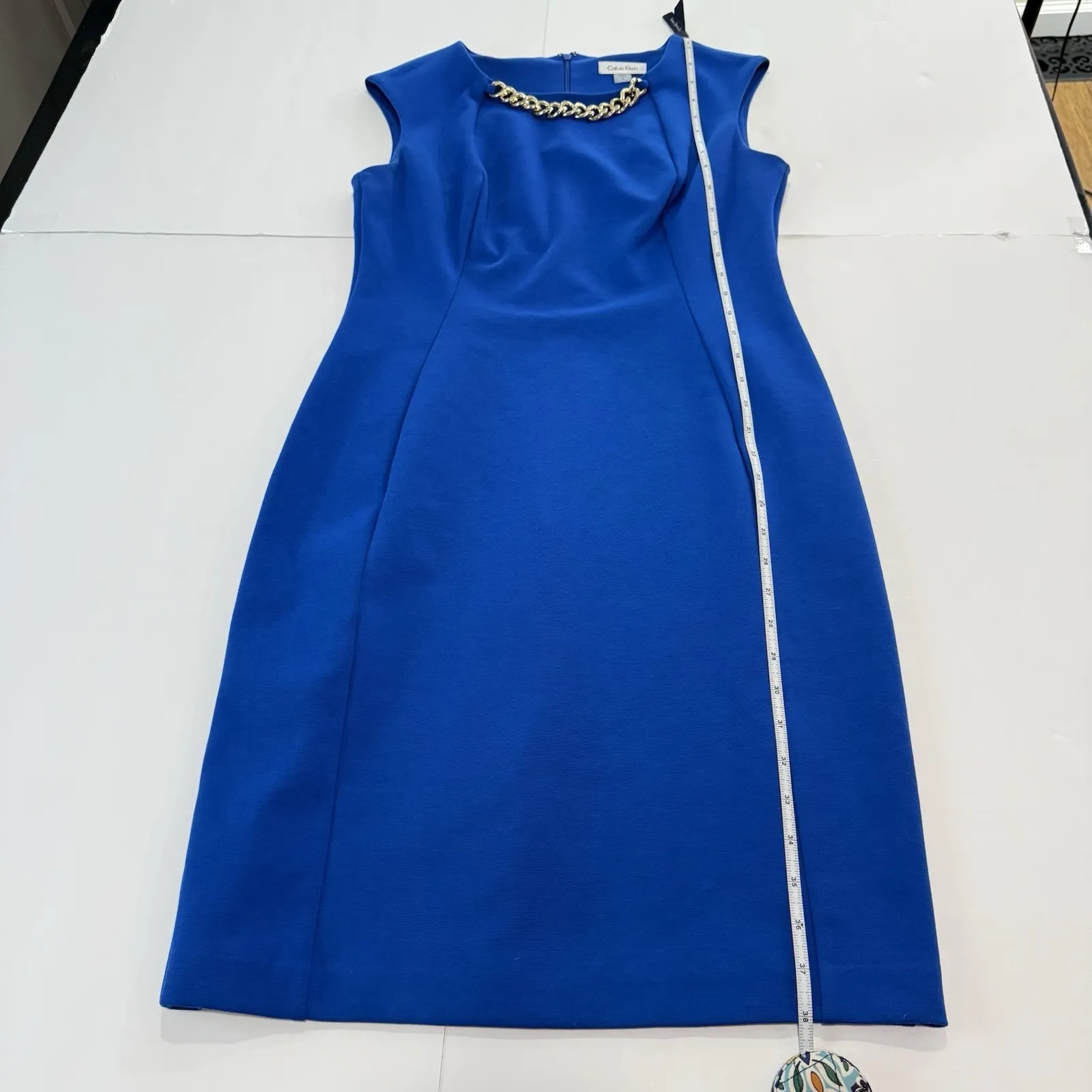 Calvin Klein Royal Blue Gold Chain Necklace Sleeveless Ponte Sheath Dress Size 8 - Image 12