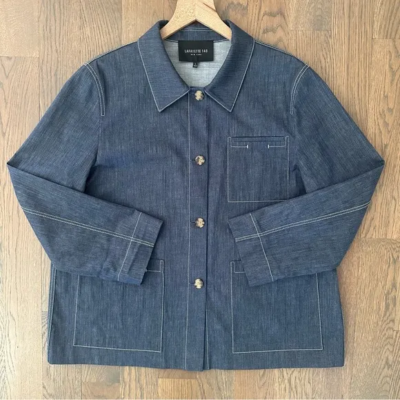 Layfayette 148 New York Esmerelda Cotton Chambray Chore Jacket Blue White Large - Image 1