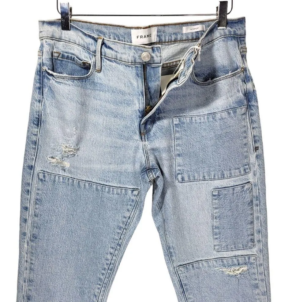 NWT Frame Le Garcon Hideaway Raw Hem Patched Distressed Jeans in Light Wash - Image 11