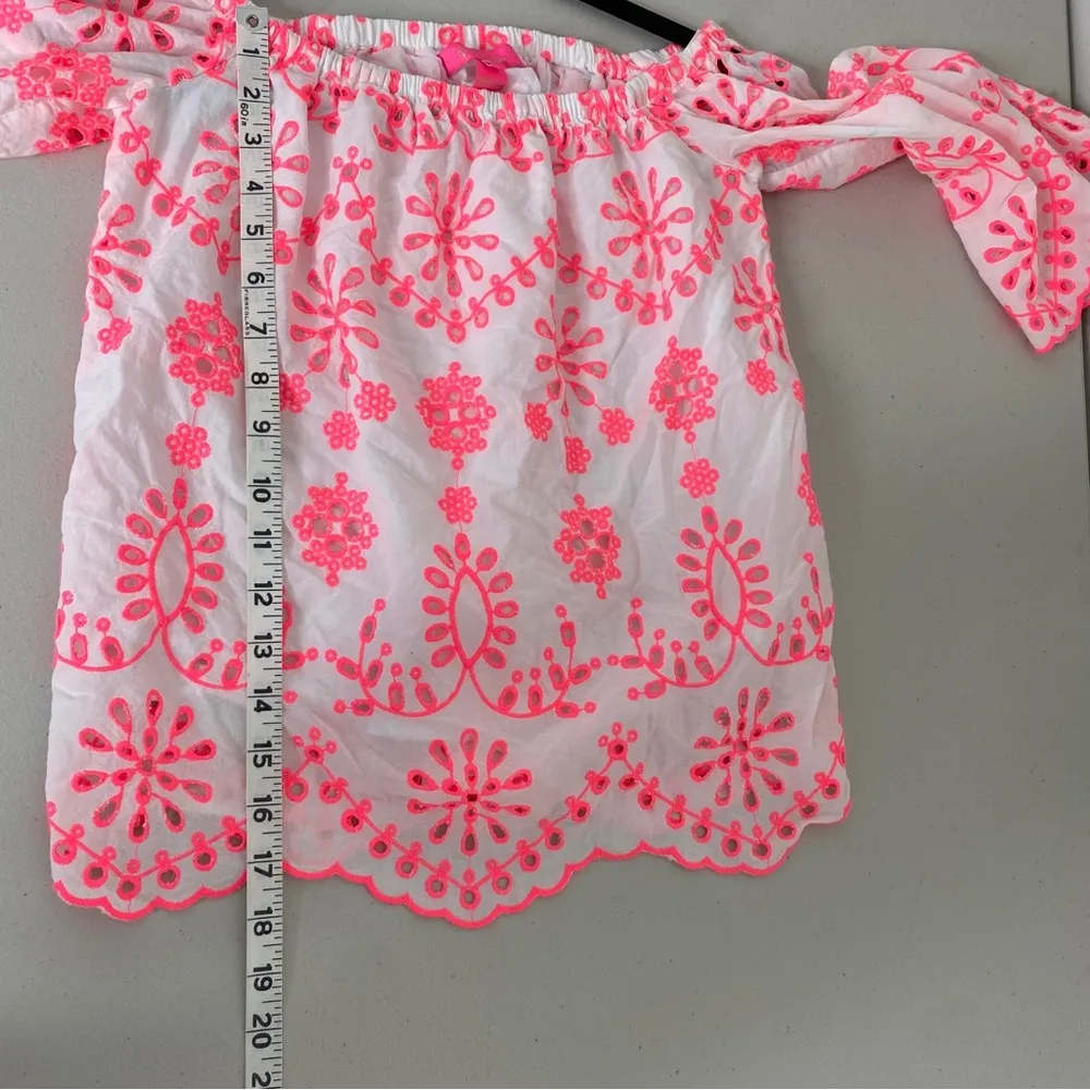 Lilly Pulitzer White Neon Pink Laurenne Off-the-Shoulder Summer Top Shirt XS - Image 4