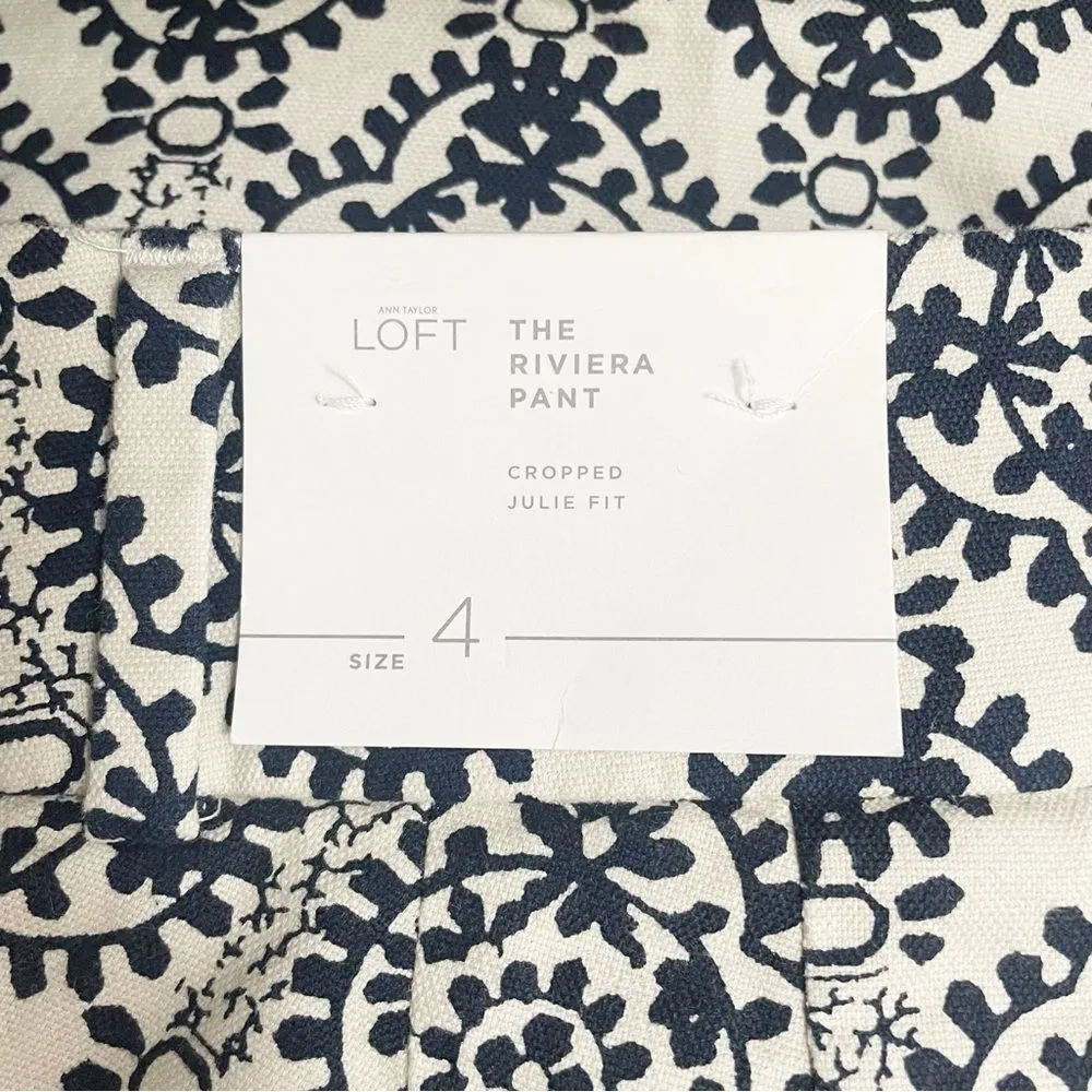 NWT LOFT The Riviera Pant Julie Fit Navy & Natural Tan Medallion Print Size 4 - Image 7