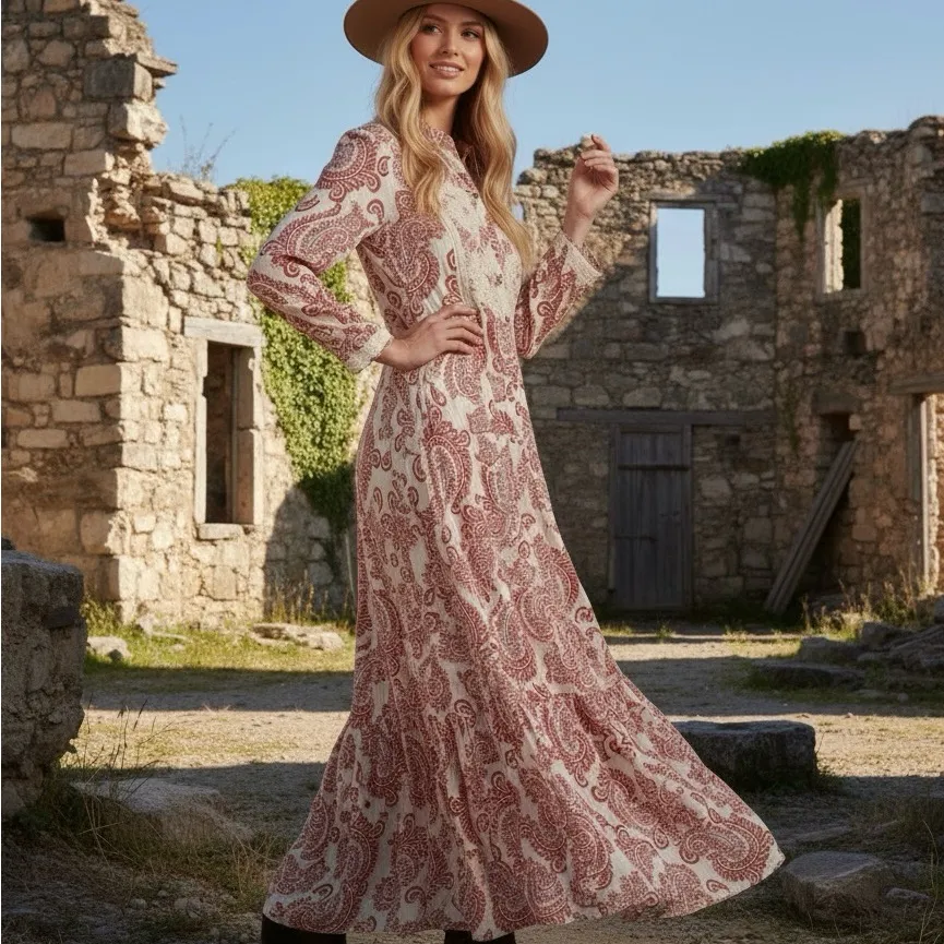 ANTROPOLOGY Dress Allaire Maxi Flowy Dress, Brown Red & Cream - Image 3