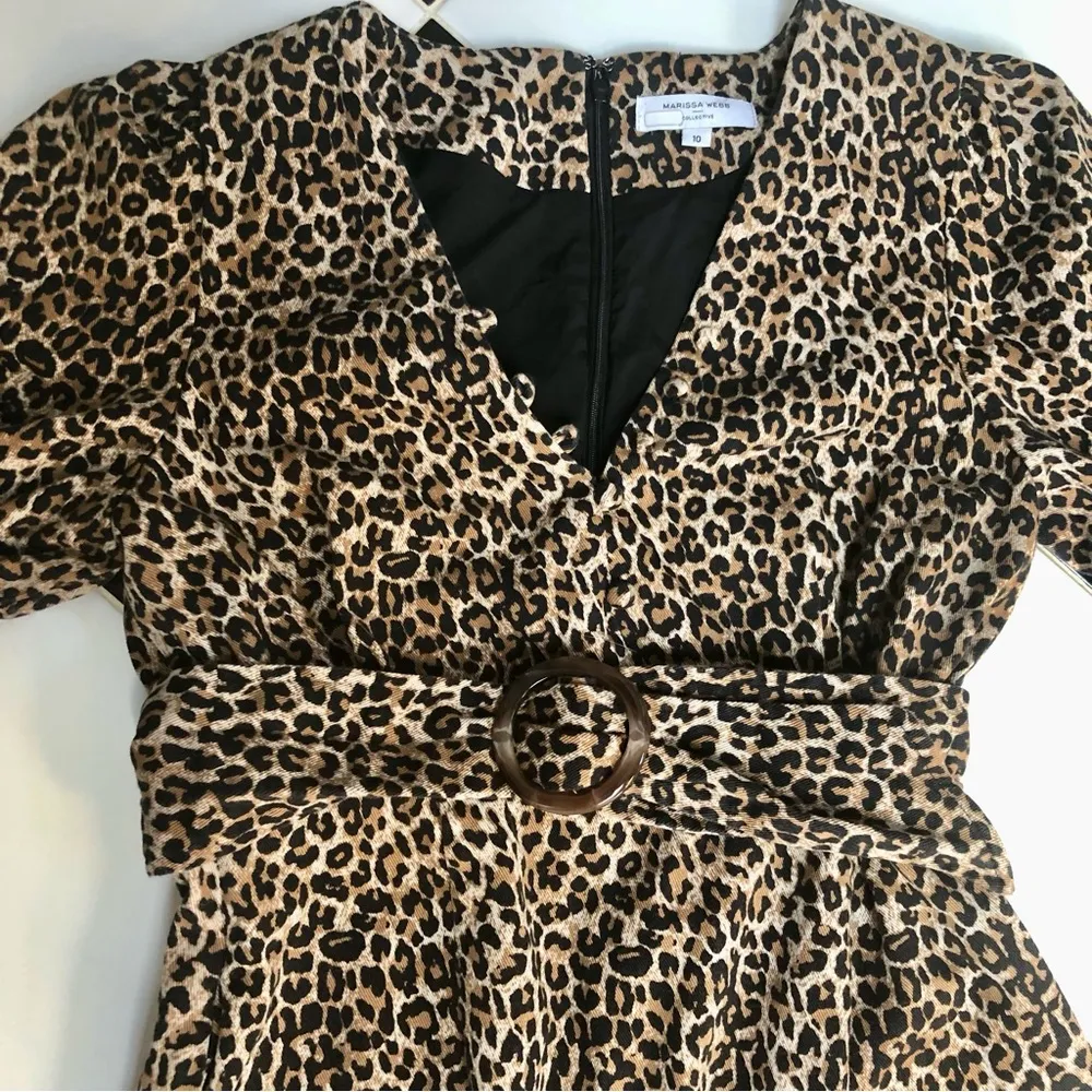 Belted Leopard Print Denim Mini Dress Long Sleeve Safari Neutrals L - Image 8