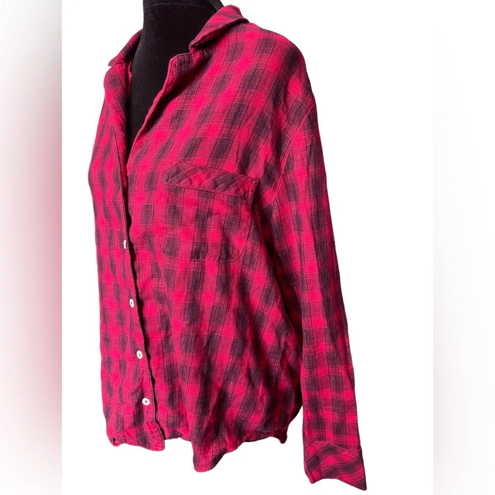 Victoria’s Secret Red Sparkly Metallic Plaid Flannel Festive Holiday Button Top - Image 2