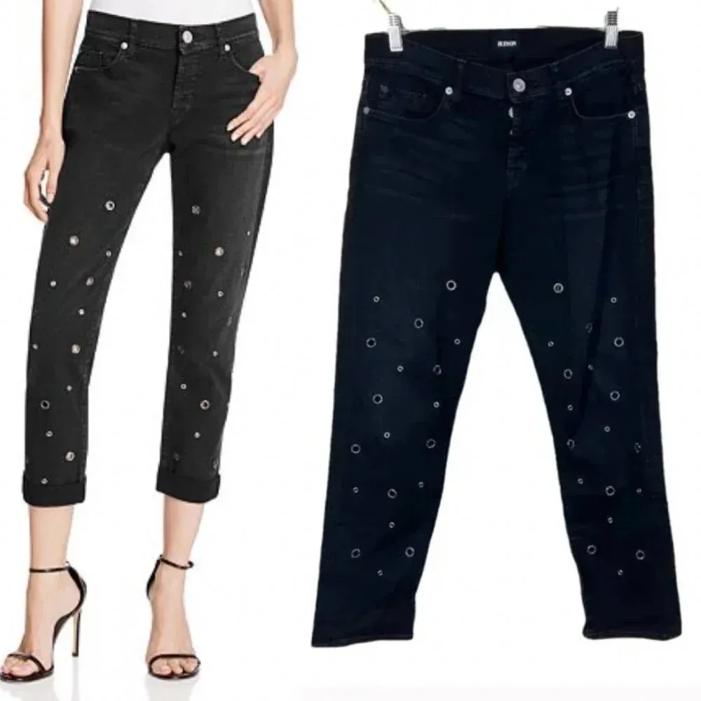 Hudson Riley Grommet Studded Slim Boyfriend Jeans in Stellar Black Size 25‎ - Image 2