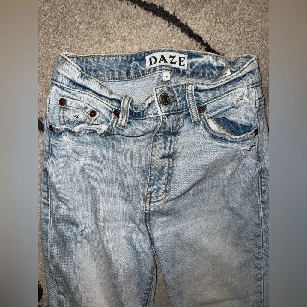 DAZE DENIM Shy Girl Light Blue High-Waisted Distressed Cropped Flare Jeans - Image 7