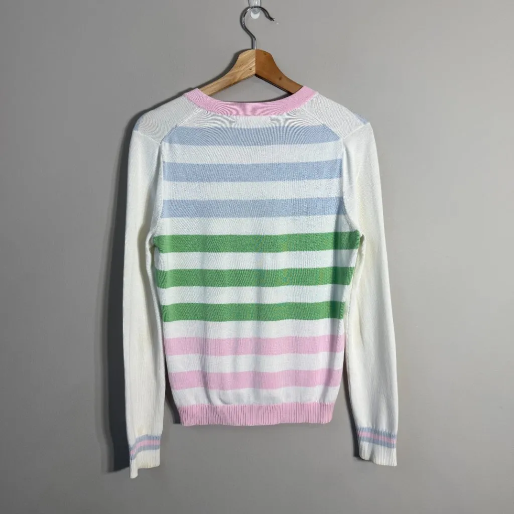 Brooks Brothers Cotton Tennis Striped V-Neck Sweater Pullover Women Medium White - Image 3
