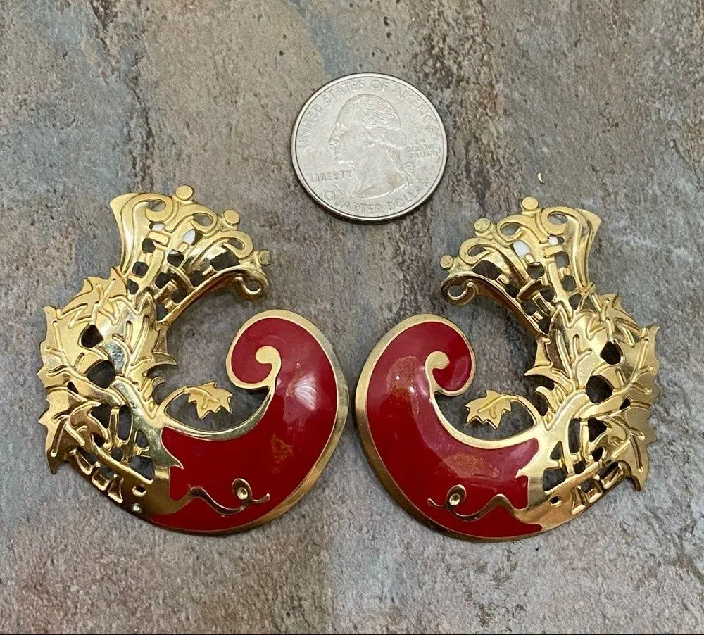 Vintage EDGAR BEREBI Signed Red Enamel Abstract Swirl Gold - Image 9