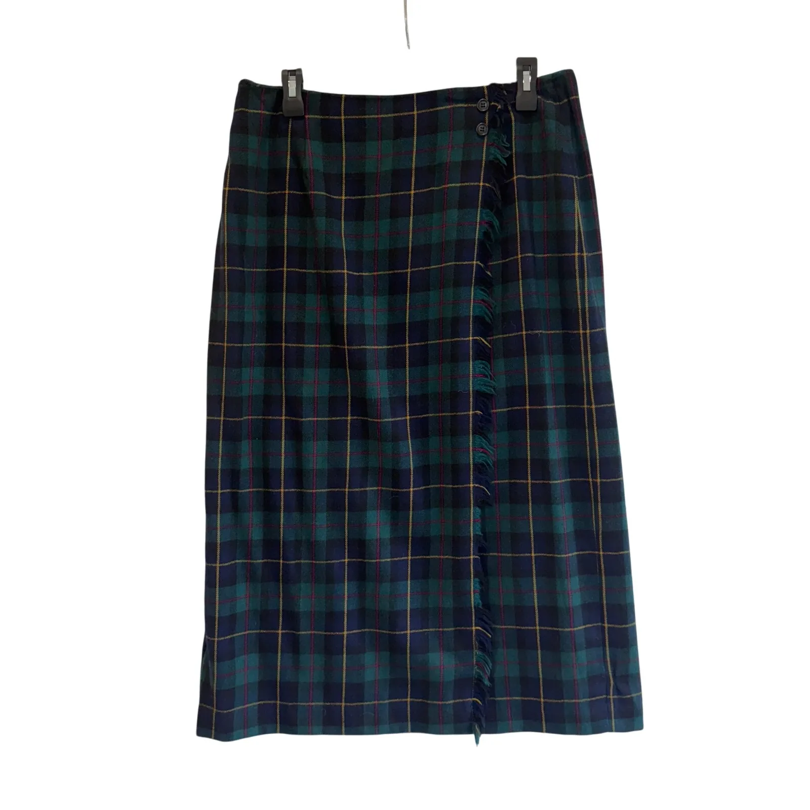 Talbots 100% Wool Plaid Tartan Wrap Skirt Green Blue Midi Women’s Size 12 - Image 3