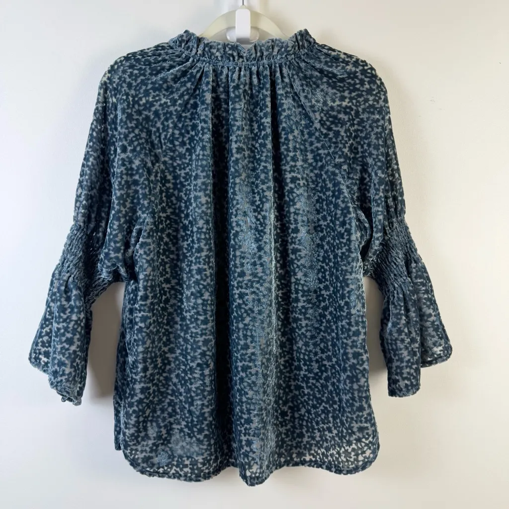 Jade Melody Tam Burnout Floral Romantic Blouse Top Velvet Small Bell Sleeves Blue - Image 6