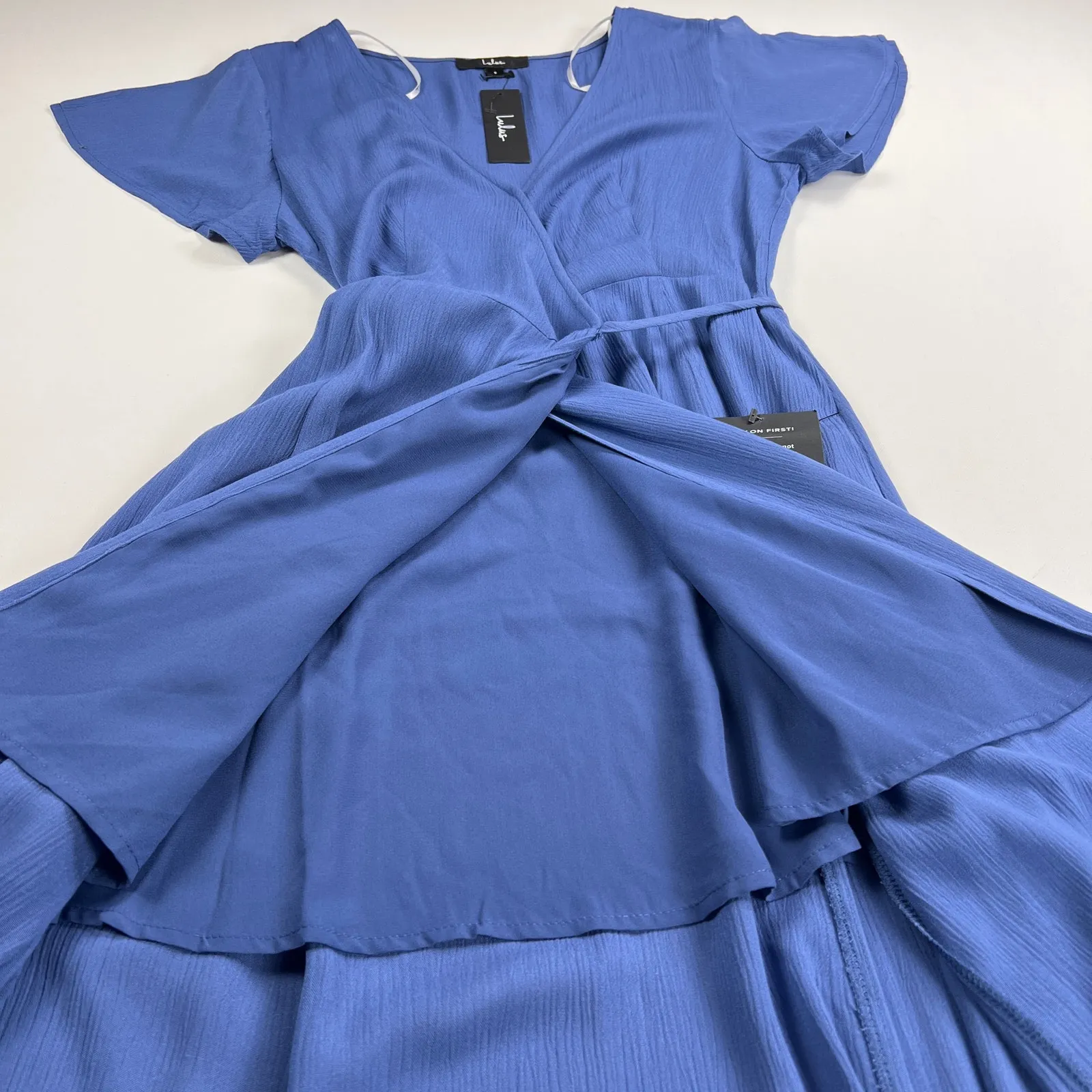 Lulus Heart of Marigold Denim Blue Wrap Maxi Dress Flutter Sleeve Size S - Image 11