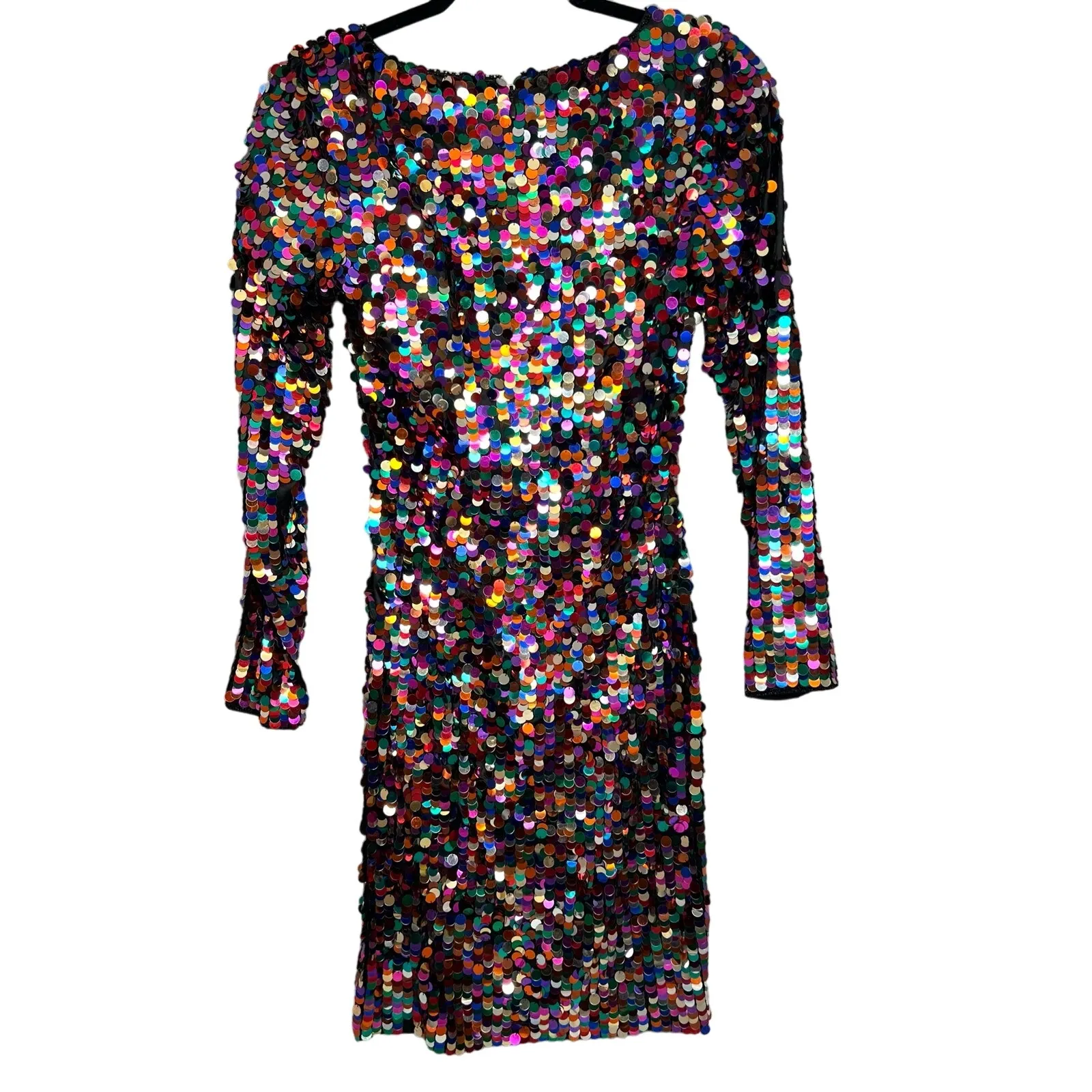 Oleg Cassini Black Tie Vintage Sequin Dress Size 4 Rainbow Long Sleeve Party - Image 4