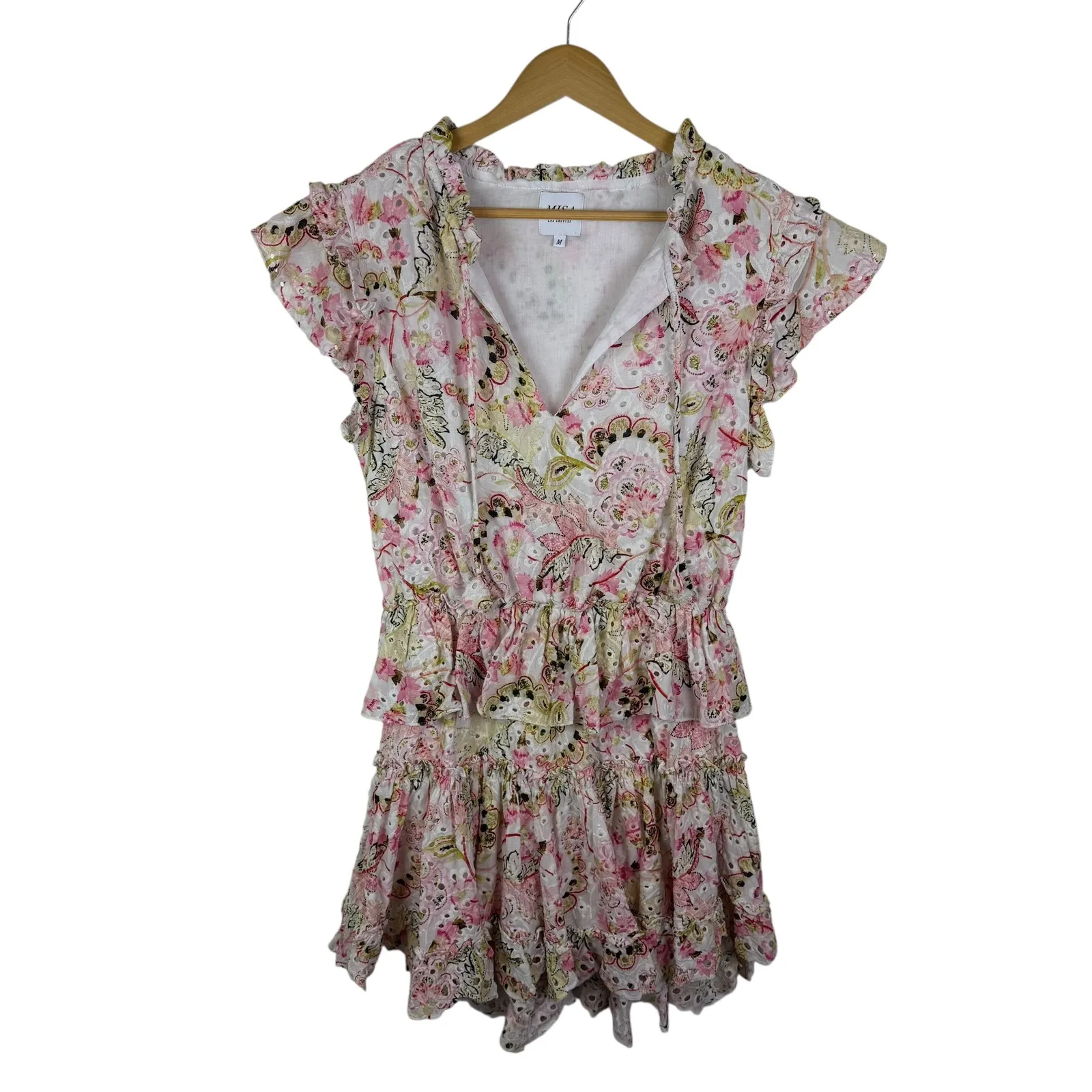 MISA Iliana Ruffled Eyelet Mini Dress Medium Pink Floral Tiered Coquette Cottage - Image 2