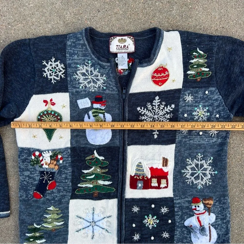 Vintage Y2K Tiara Ugly Christmas Winter Cardigan Sweater Patch Sampler Blue MED - Image 7