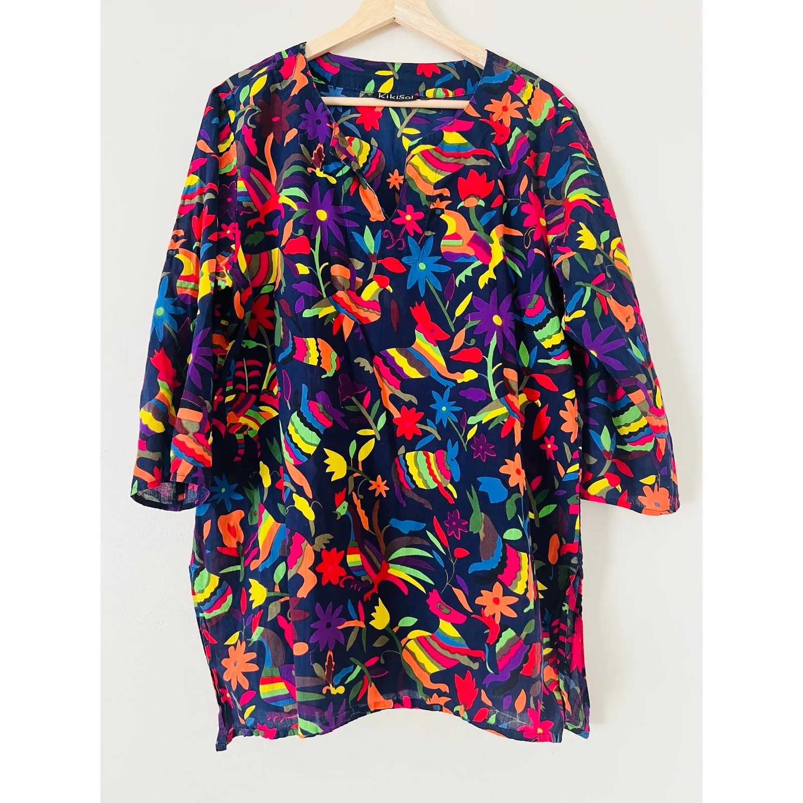 Kikisol 100% Cotton Pinata Fiesta Tunic Top XL Navy Alebrijes Animals Mexican Blue - Image 3