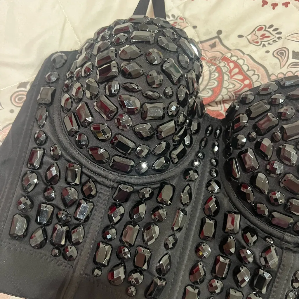 Rhinestone Black Beaded corset Bustier Top Size L - Image 3