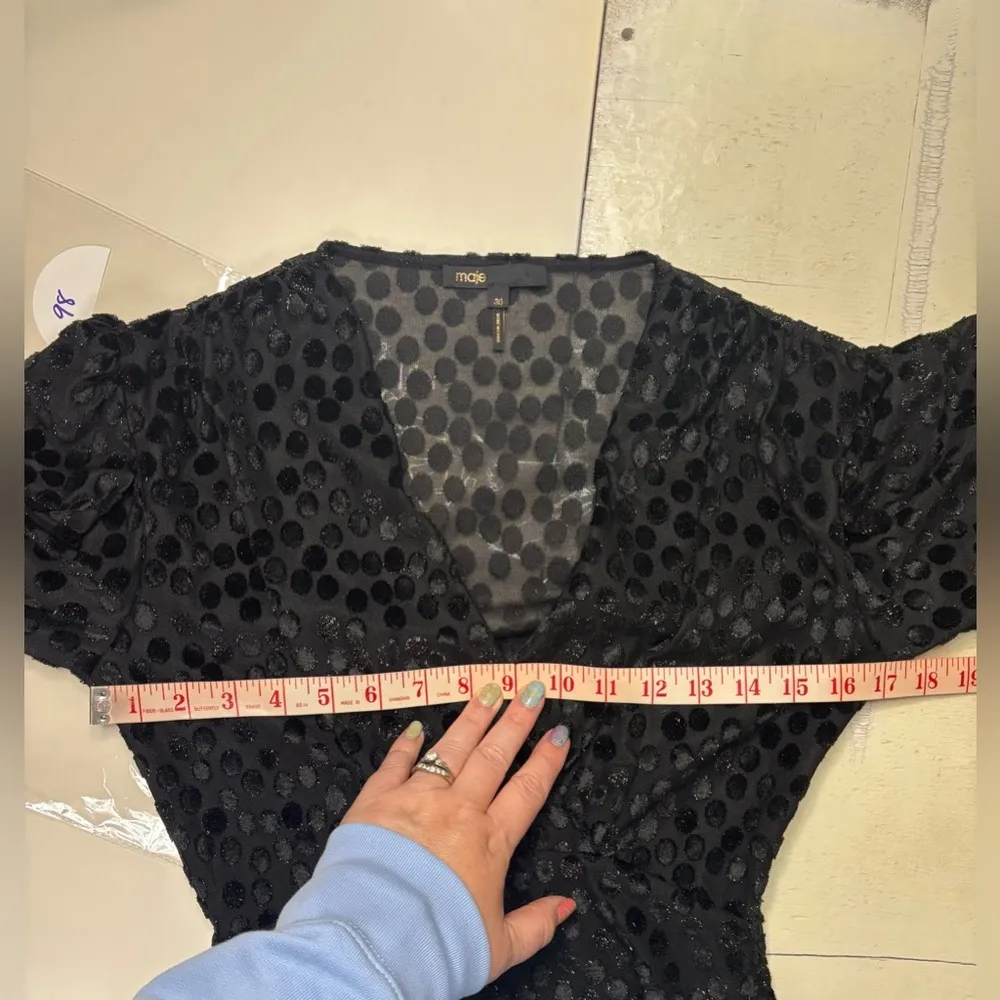 Maje Polka Dot Dress in Black Size Small EU 36 Long Balloon Sleeve Mini V Neck - Image 5