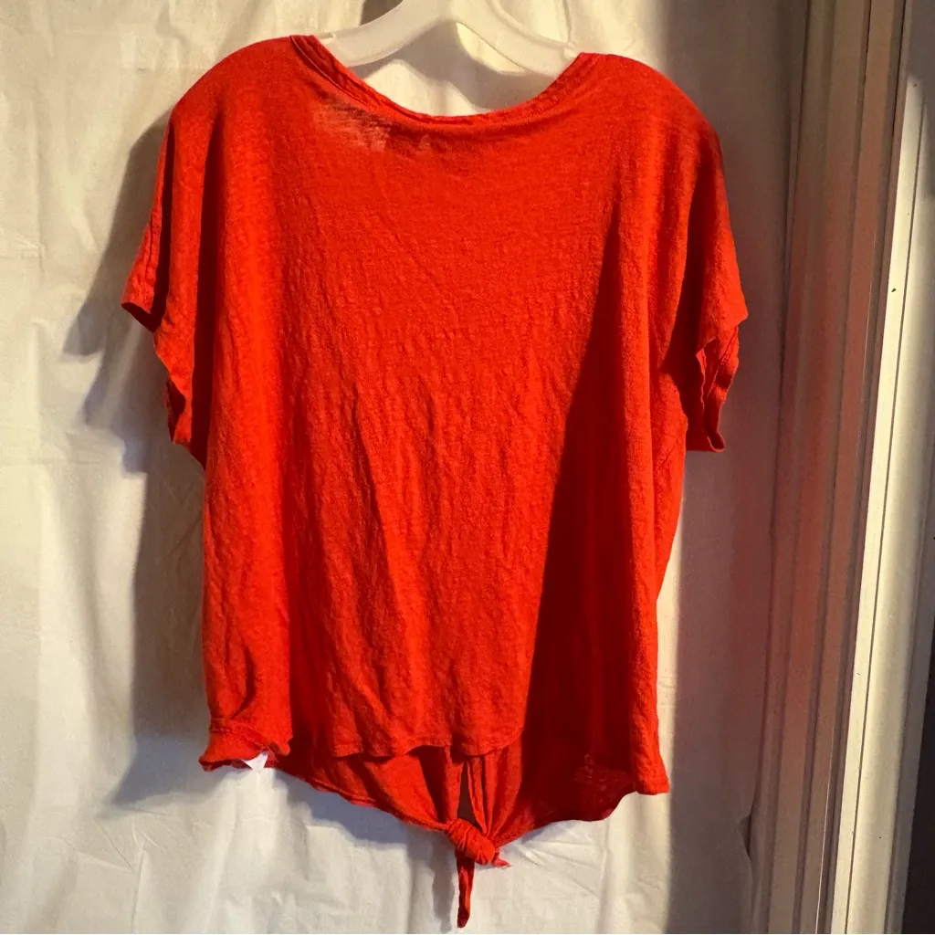 Rachel Zoe Womens Blouse Sz 1X 100% Linen V‎ Neck Tie Front Button Down Orange - Image 2